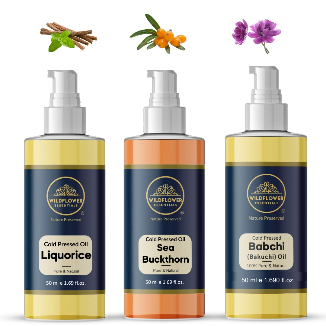 Liquorice Oil, Sea Buckthorn Oil, Babchi Oil Combo (50ml each) Wildflower Essentials