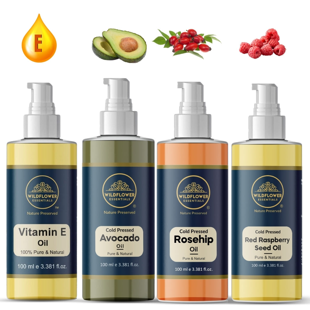 Vitamin E Oil, Avocado Oil, Rosehip Oil, Red Raspberry Seed Oil Combo (100ml each) Wildflower Essentials