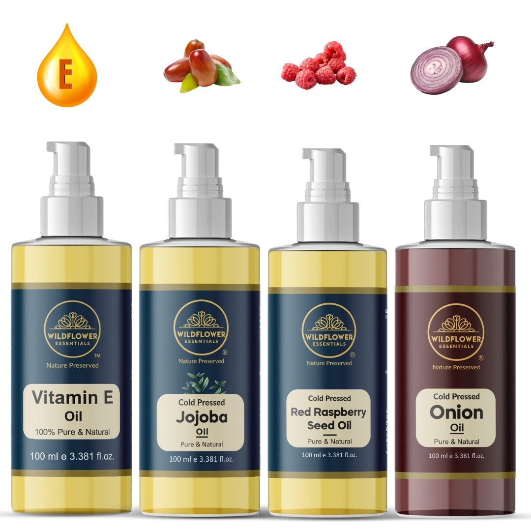 Vitamin E Oil, Jojoba Oil, Red Raspberry Oil, Onion Oil Combo (100ml each) Wildflower Essentials