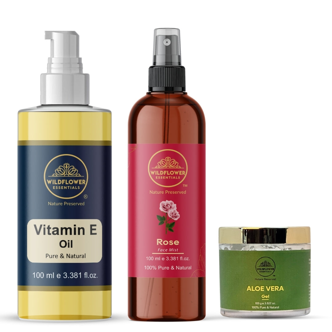 Vitamin E 100ml + Rosewater 100ml + Aloe Vera Gel 100g Combo Wildflower Essentials