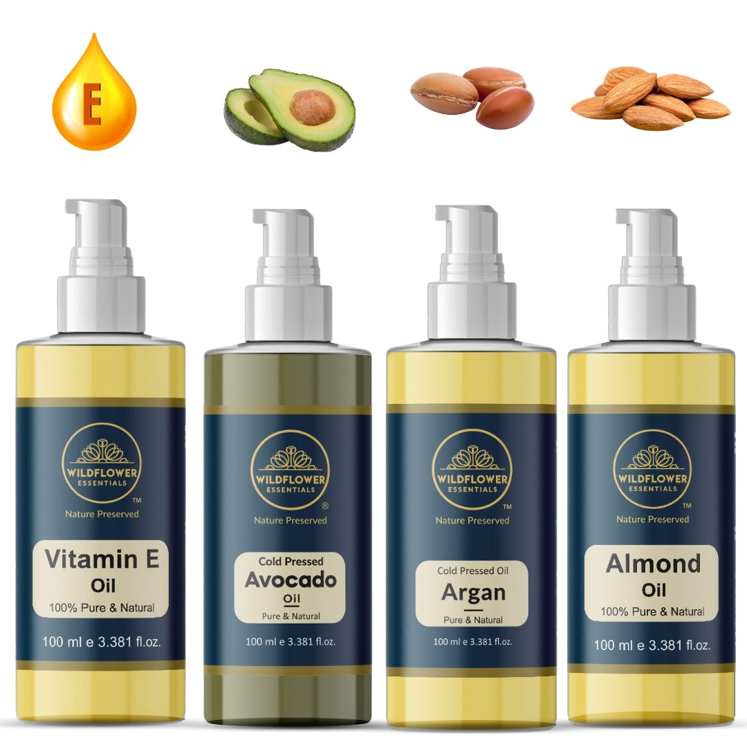 Vitamin E Oil, Avocado Oil, Argan Oil, Almond Oil Combo (100ml each) Wildflower Essentials