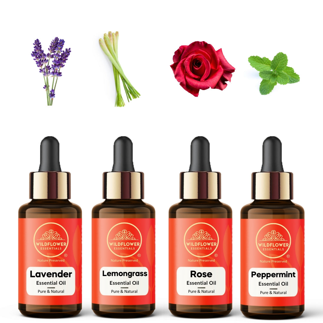 Lavender, Lemongrass, Rose, Peppermint Essential Oil Combo (15ml each) Wildflower Essentials