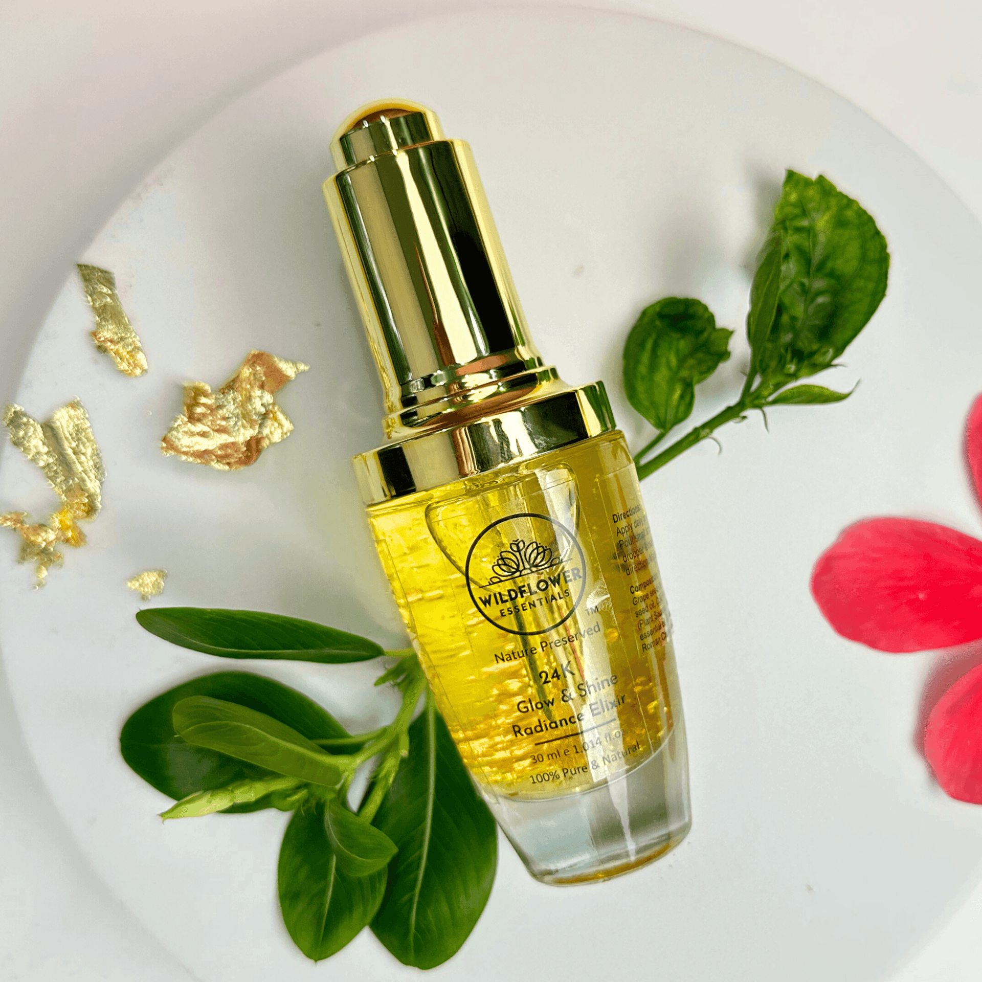 24K Glow & Shine Elixir: Radiant Skin with Pure 24k Gold Leaf  Wildflower  Essentials