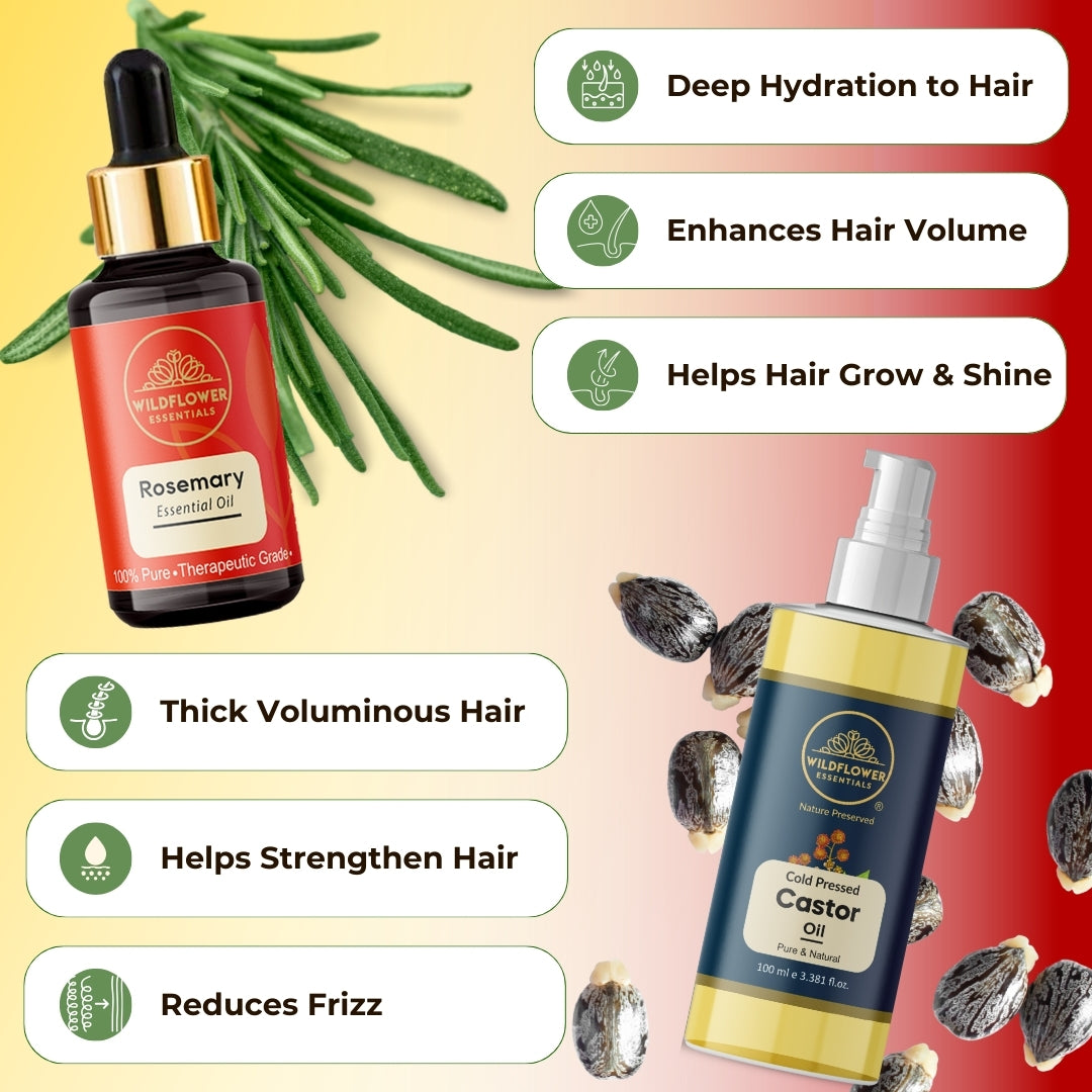 Castor Oil 100ml & Rosemary Essential Oil 30ml Combo- Hair Thinning Set