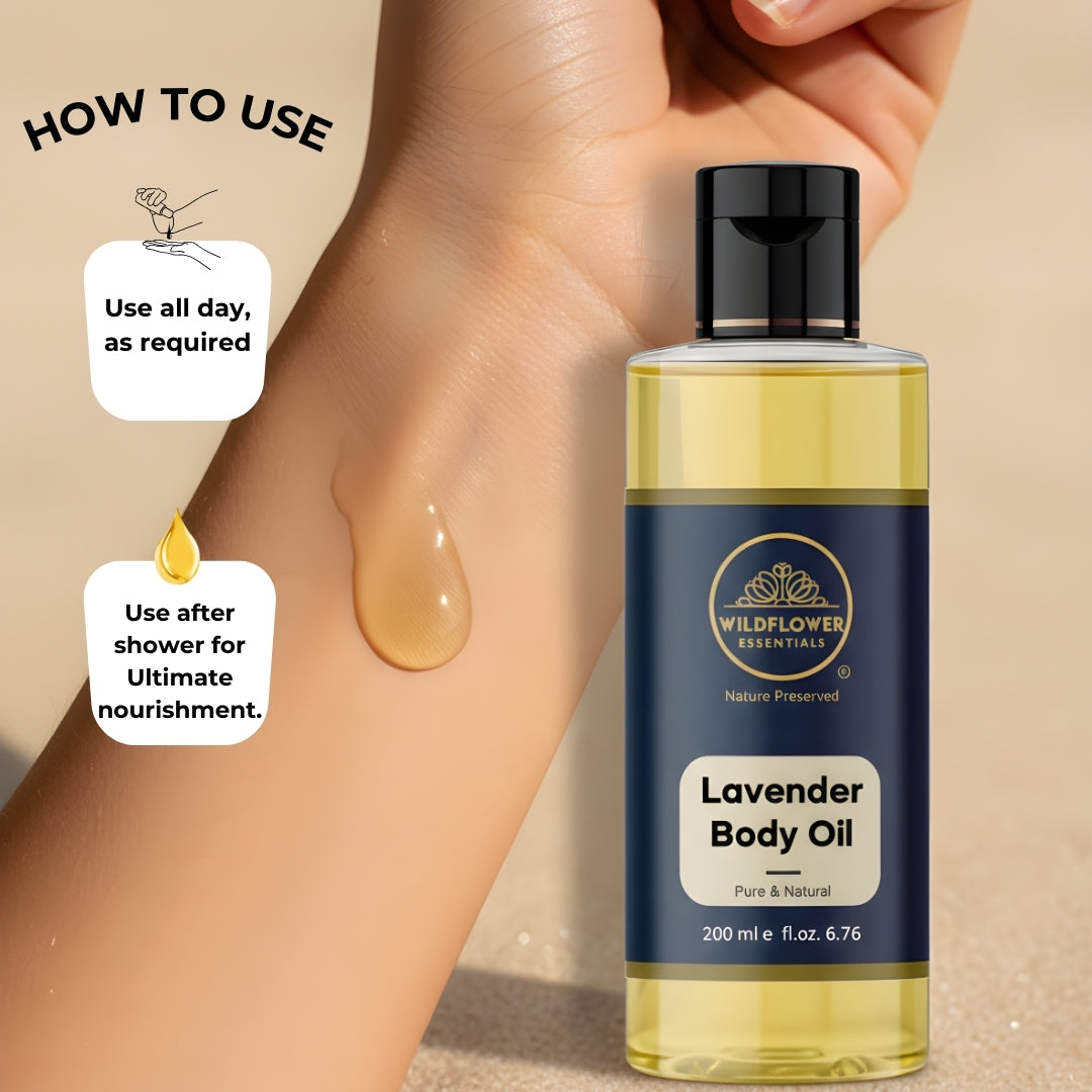 Lavender Body Oil with Almond Oil, Jojoba Oil & Vitamin E Oil | Intense Nourishment | Long Lasting | Non-Greasy & Lightweight | Soft & Nourished Skin | For All Skin Types- 200ml Wildflower Essentials